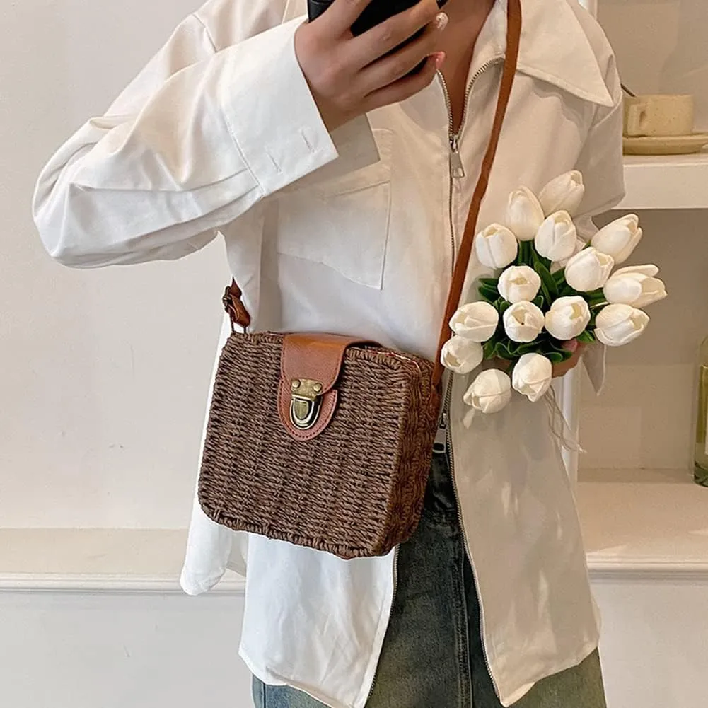 Orgonite Straw Tote Bag Woven Handbag Rattan Wicker Shoulder Crossbody Bag Imitation Bamboo Handle for Women Summer Beach