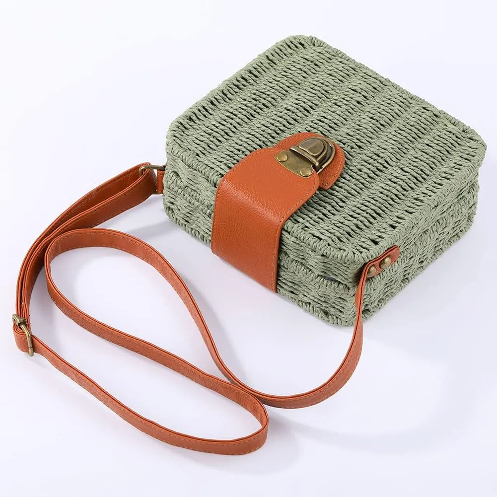 Orgonite Straw Tote Bag Woven Handbag Rattan Wicker Shoulder Crossbody Bag Imitation Bamboo Handle for Women Summer Beach