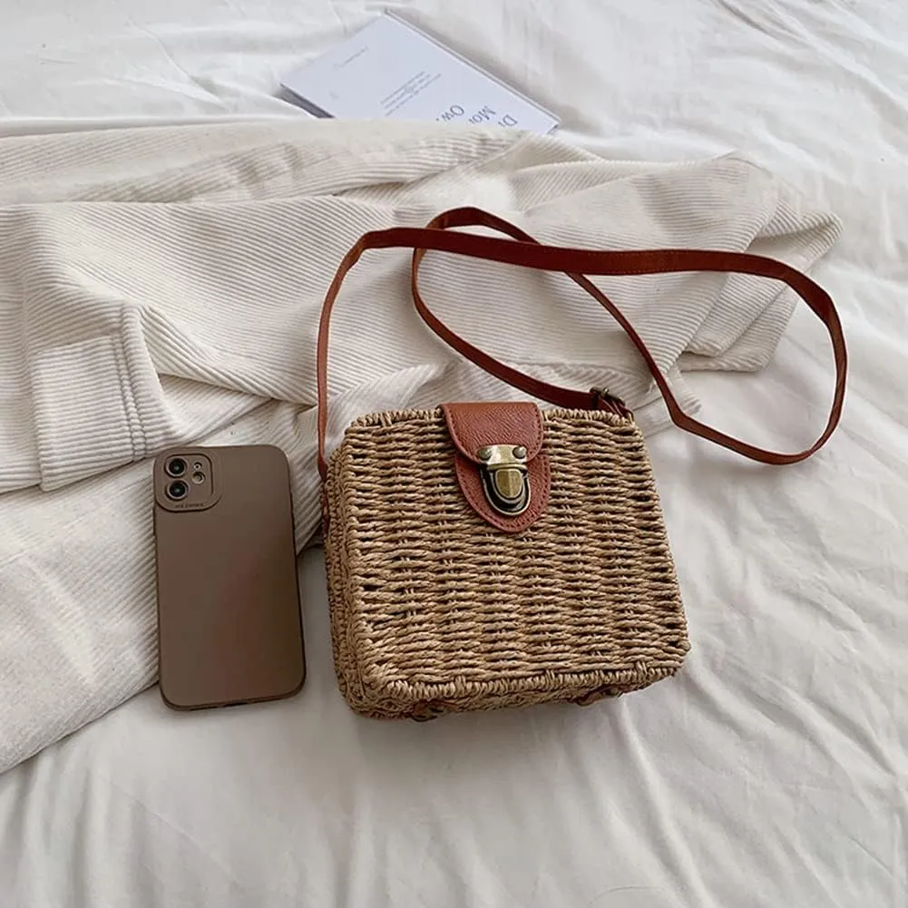 Orgonite Straw Tote Bag Woven Handbag Rattan Wicker Shoulder Crossbody Bag Imitation Bamboo Handle for Women Summer Beach