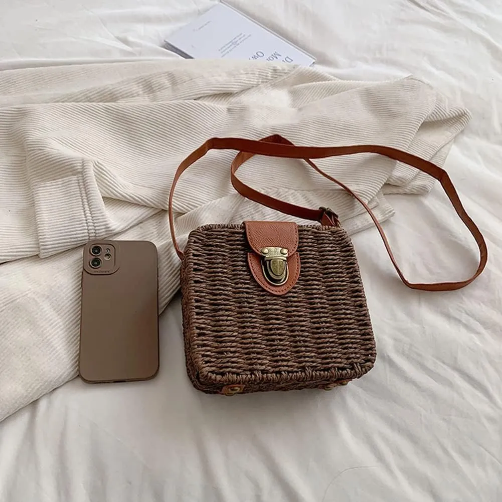 Orgonite Straw Tote Bag Woven Handbag Rattan Wicker Shoulder Crossbody Bag Imitation Bamboo Handle for Women Summer Beach