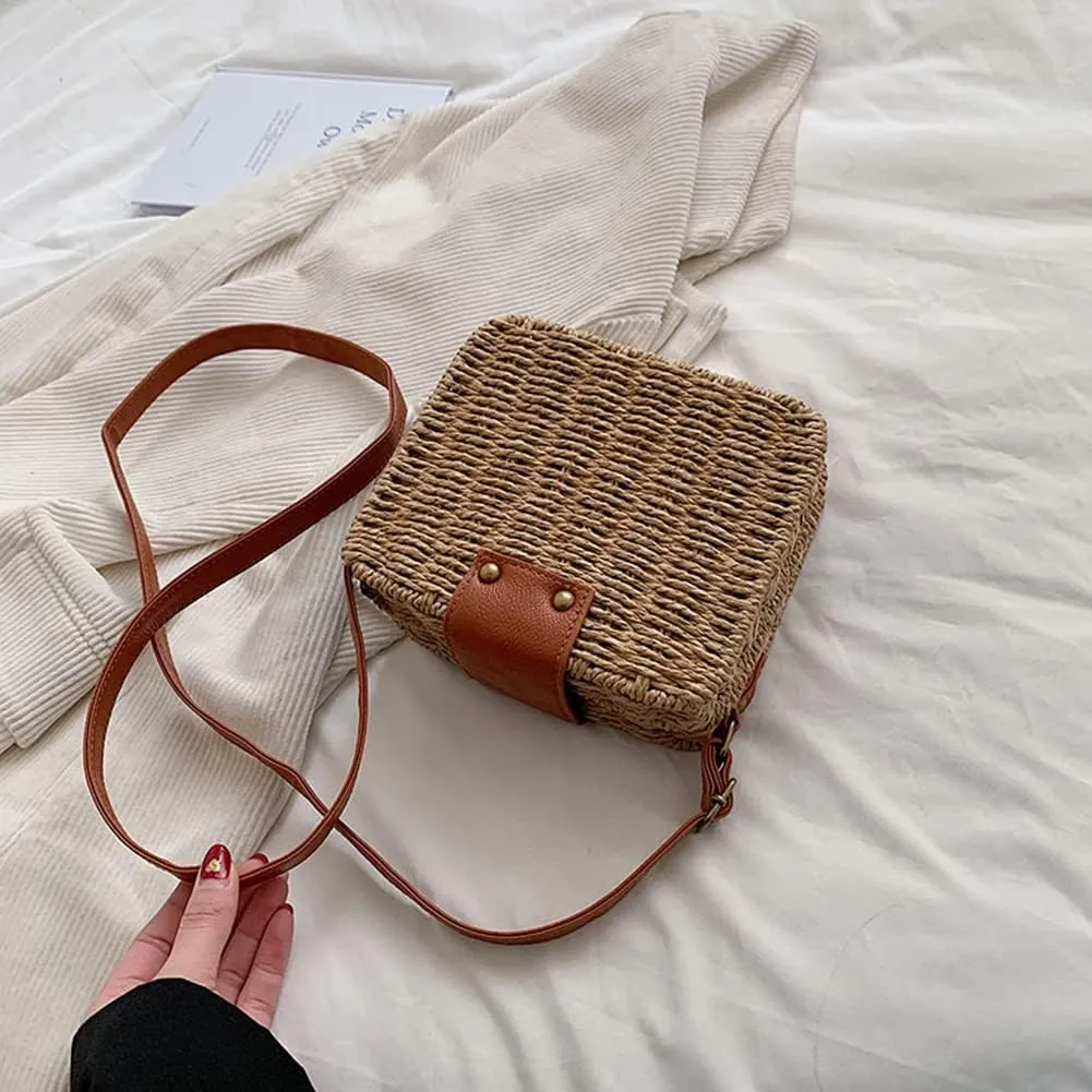 Orgonite Straw Tote Bag Woven Handbag Rattan Wicker Shoulder Crossbody Bag Imitation Bamboo Handle for Women Summer Beach