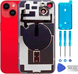 Original Compatible with iPhone 14 Back Glass Replacement & with Plate & Flex Cable and All Parts, Pre-Installed Camera Frame for iPhone14   Repair Tools(Red)