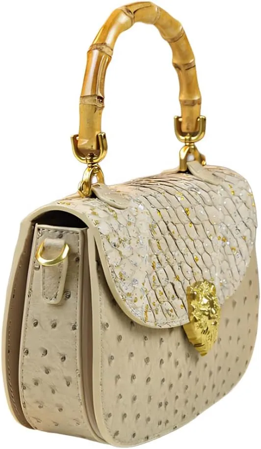 Ostrich Leather Purse Women Bag Real Bamboo Top-Handle Satchel Handbags Portable Saddle Bag Small Shoulder Messenger Bag