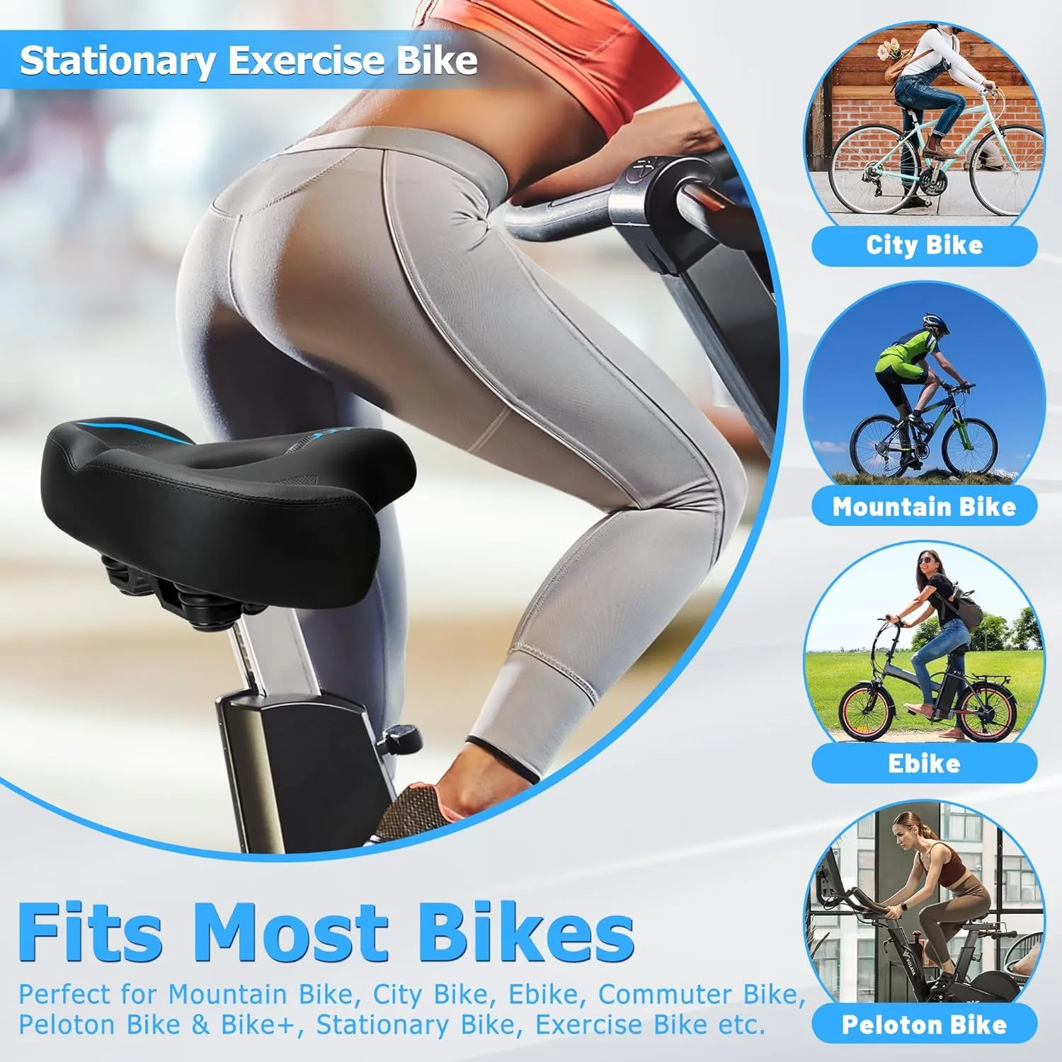 Oversized Bike Seat for Men & Women Comfort, Extra Wide Bicycle Seat Cushion, Comfortable Soft Padded, Large Replacement Bike Saddle for Peloton Bike, Stationary Exercise Bike, City Bike, Ebike