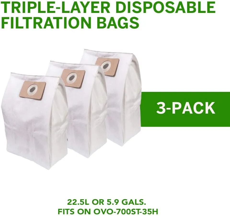 OVO Central Vacuum triple layer disposable filtration Bags, 22.5L/ 5.81 Gal. for OVO-700ST-35H