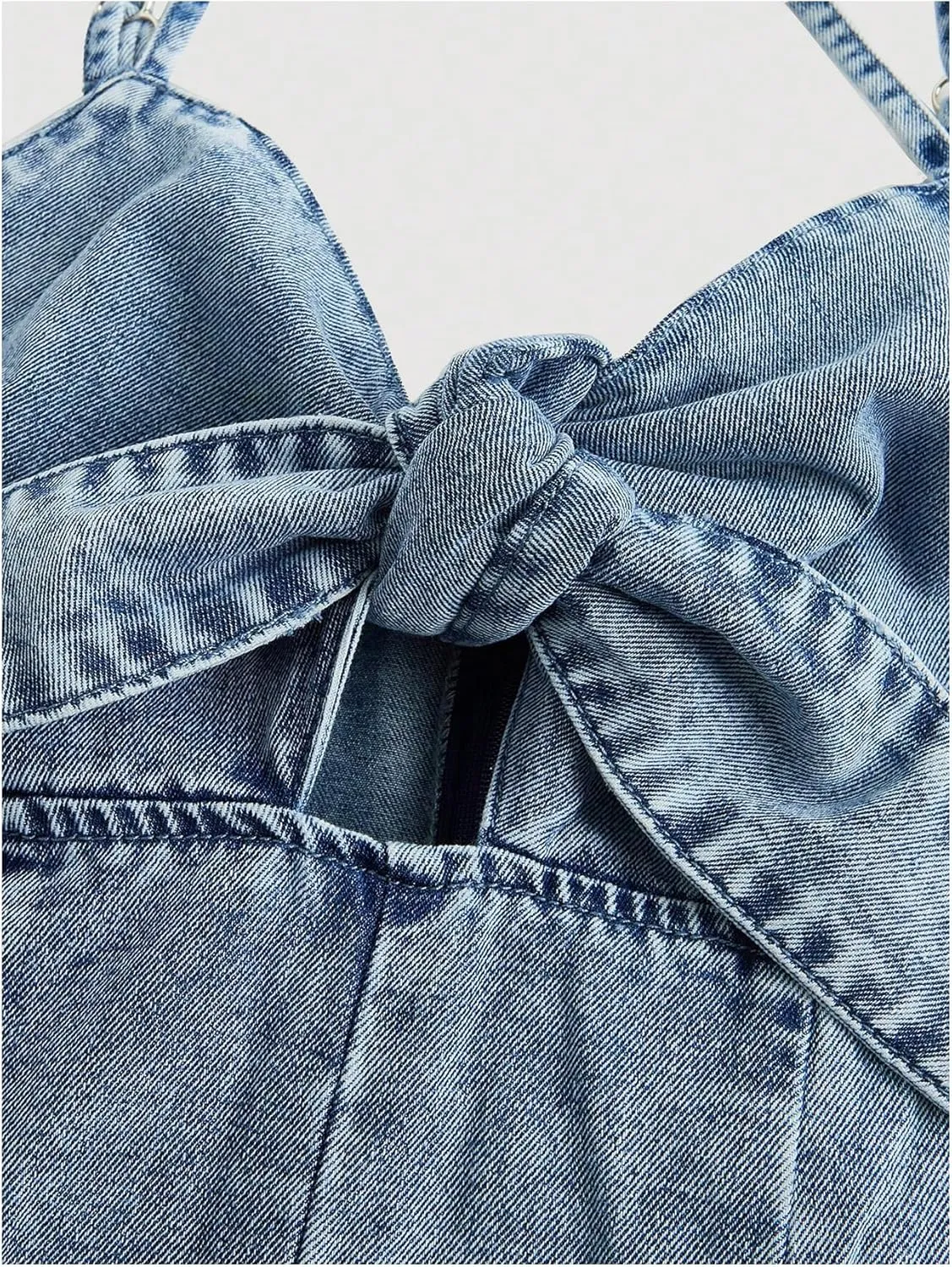 OYOANGLE Women's Vintage Bowknot Spaghetti Strap Denim Romper Sleeveless Wide Leg Jean Short Jumpsuits