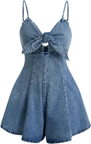 OYOANGLE Women's Vintage Bowknot Spaghetti Strap Denim Romper Sleeveless Wide Leg Jean Short Jumpsuits
