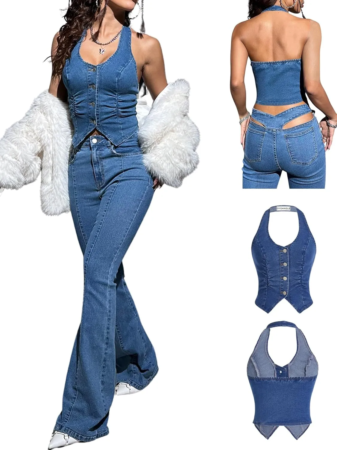 OYOANGLE Women's Vintage Denim Crop Tank Button Front Sleeveless Halter Jean Vest