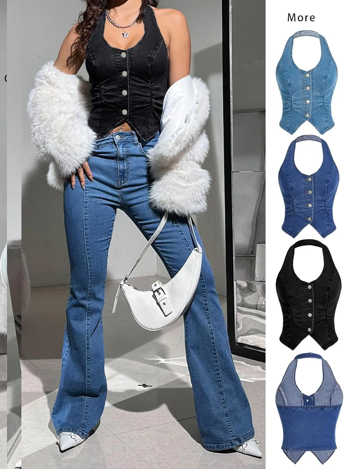 OYOANGLE Women's Vintage Denim Crop Tank Button Front Sleeveless Halter Jean Vest