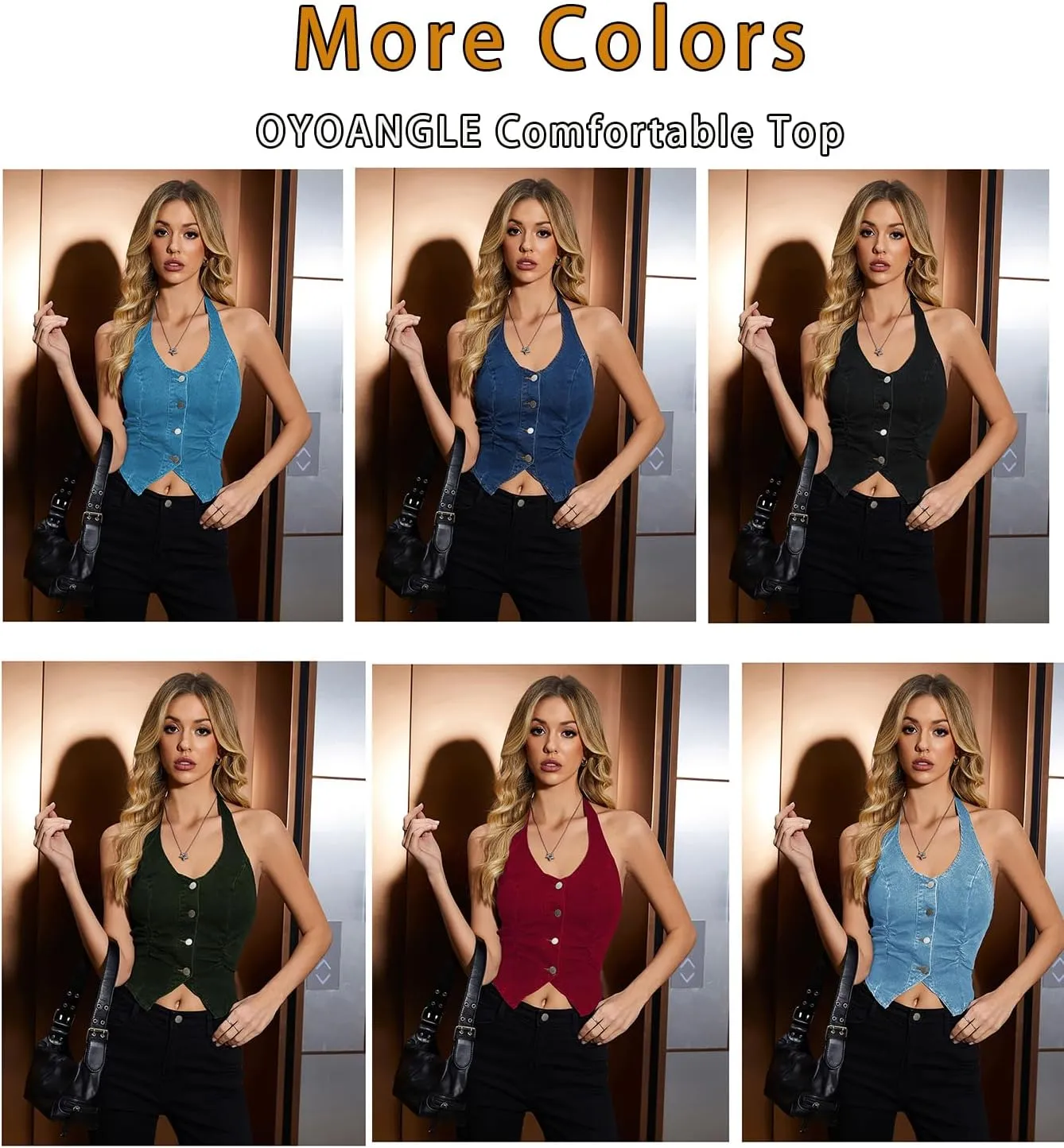 OYOANGLE Women's Vintage Denim Crop Tank Button Front Sleeveless Halter Jean Vest