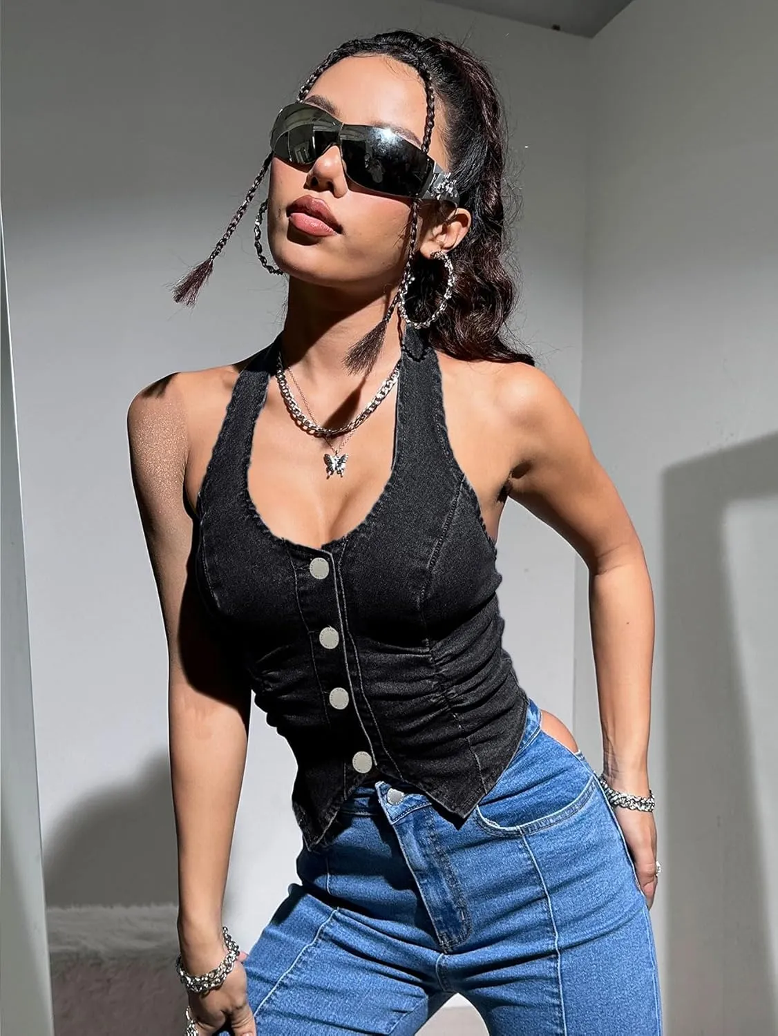OYOANGLE Women's Vintage Denim Crop Tank Button Front Sleeveless Halter Jean Vest