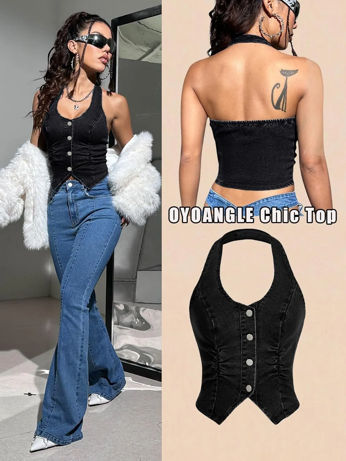 OYOANGLE Women's Vintage Denim Crop Tank Button Front Sleeveless Halter Jean Vest