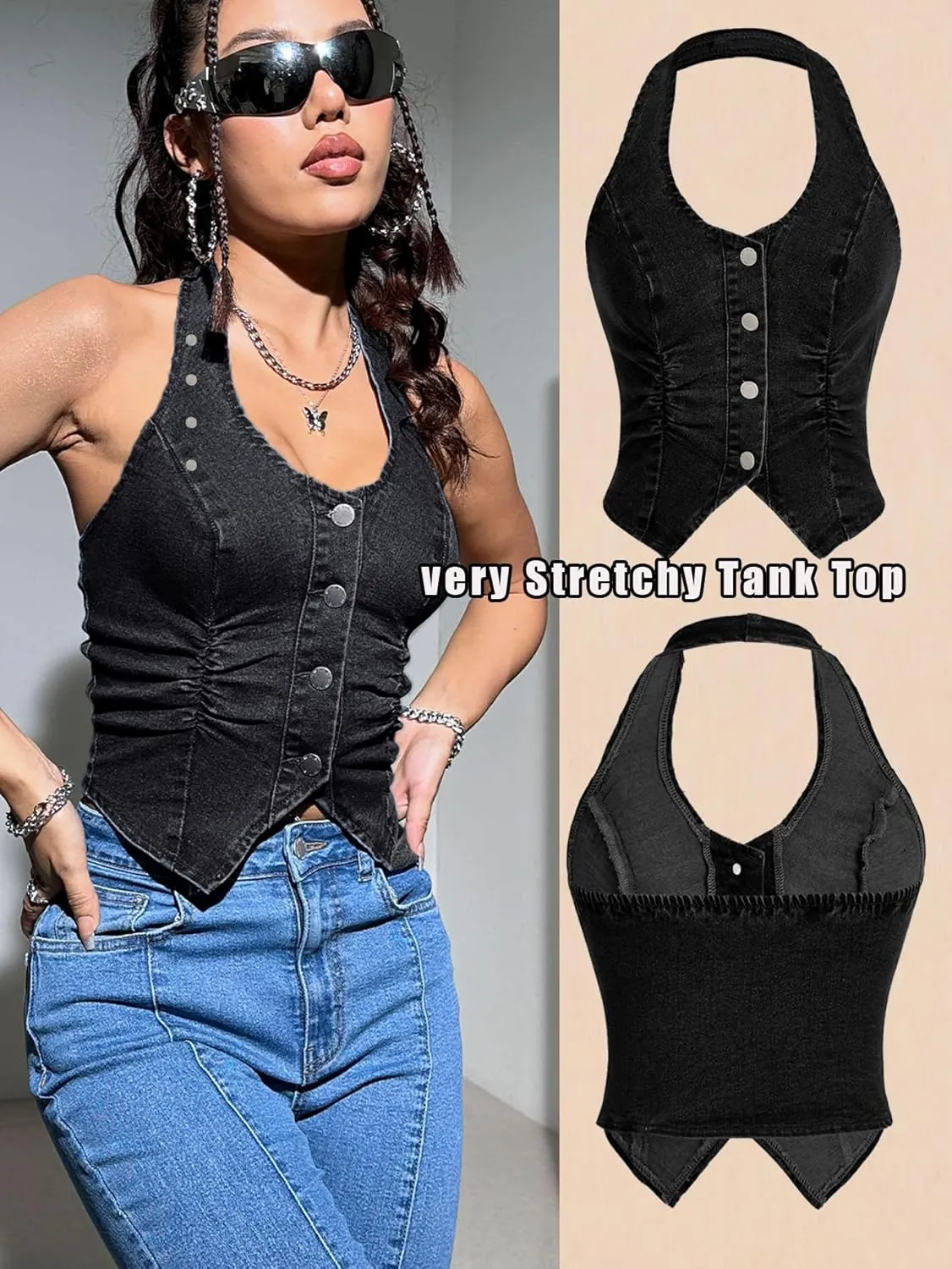 OYOANGLE Women's Vintage Denim Crop Tank Button Front Sleeveless Halter Jean Vest