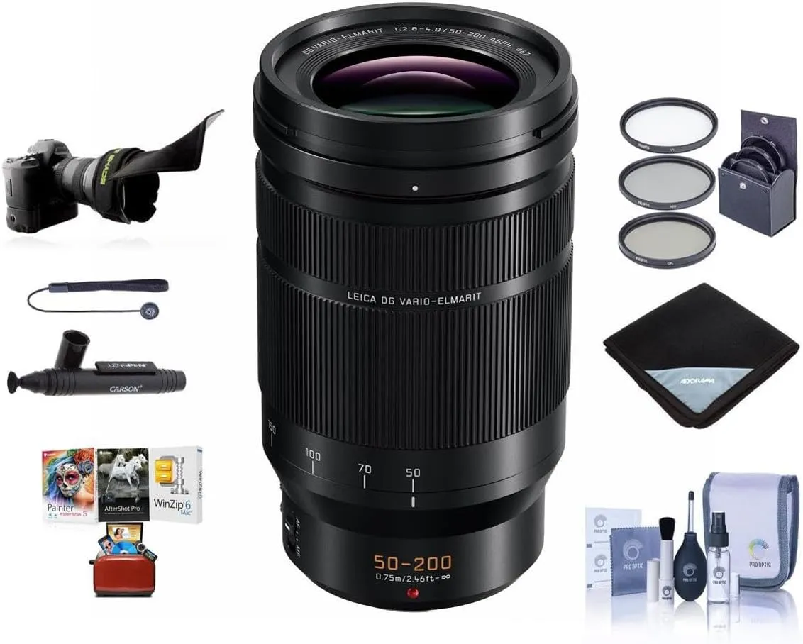 Panasonic Lumix G Leica DG Vario-Elmarit 50-200mm F/2.8-4 Aspheical Lens for Micro 4/3 - Bundle with 62mm Filter Kit, Lens Wrap, Cleaning Kit, Flex Lens Shade, Capleash, Lenspen Cleaner, Mac Software