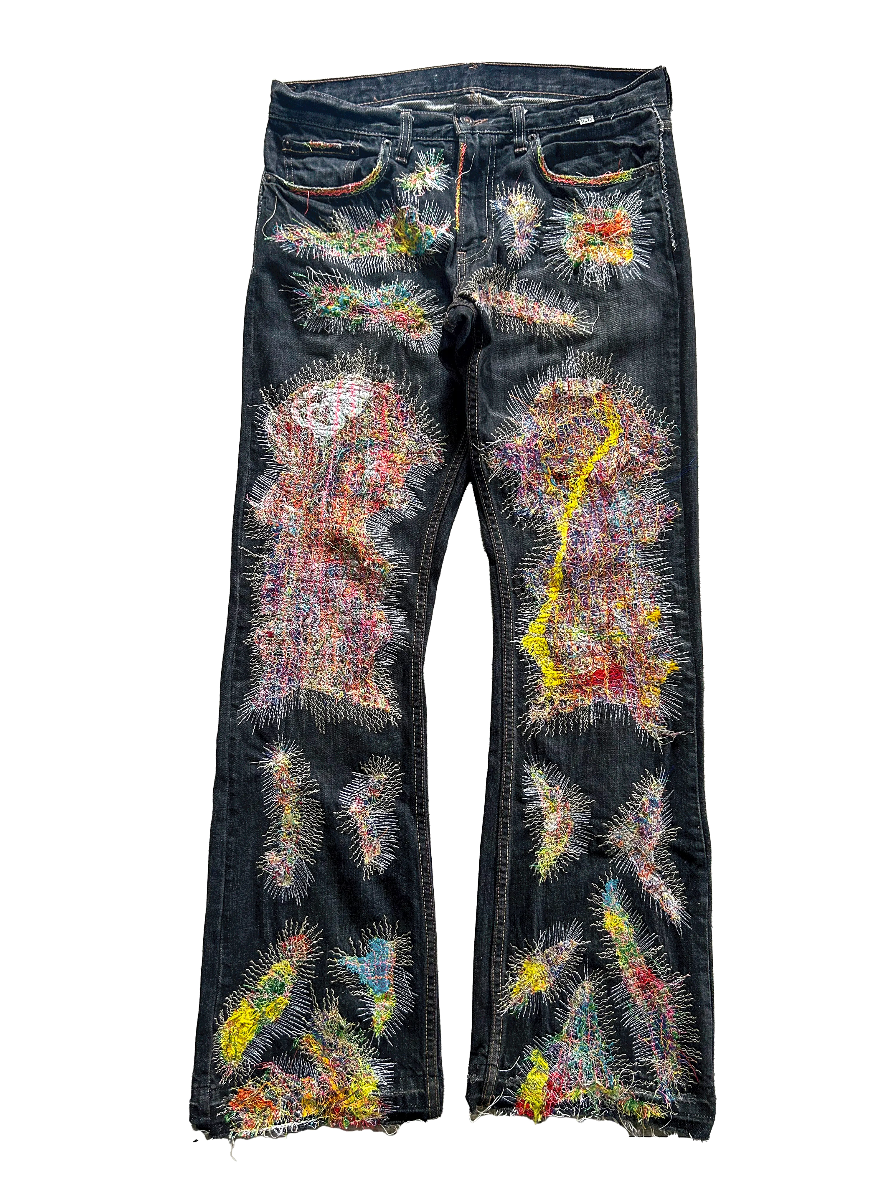 PANELED THREADWORK FLARED DENIM