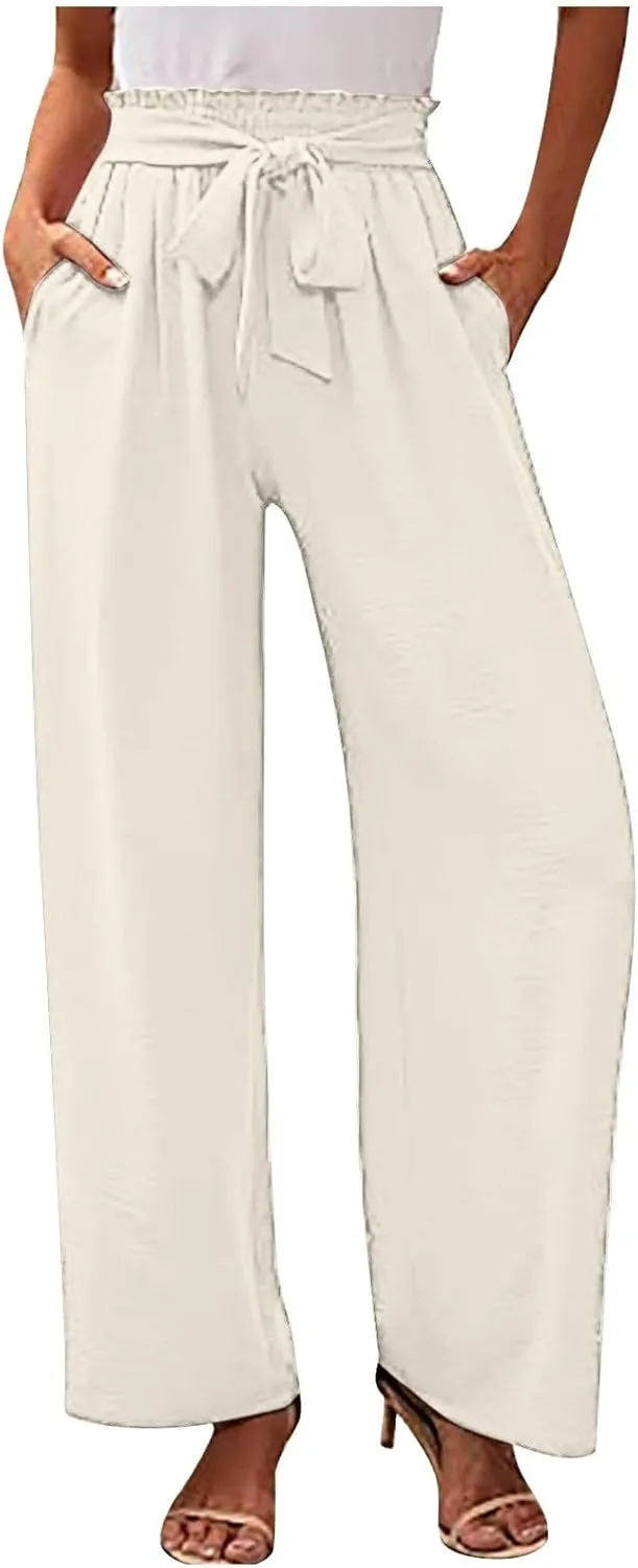 Paperbag Pants for Women Straight Wide Leg Pants Long Flowy with Pockets Comfort Flowy Trousers Womens Casual Pants