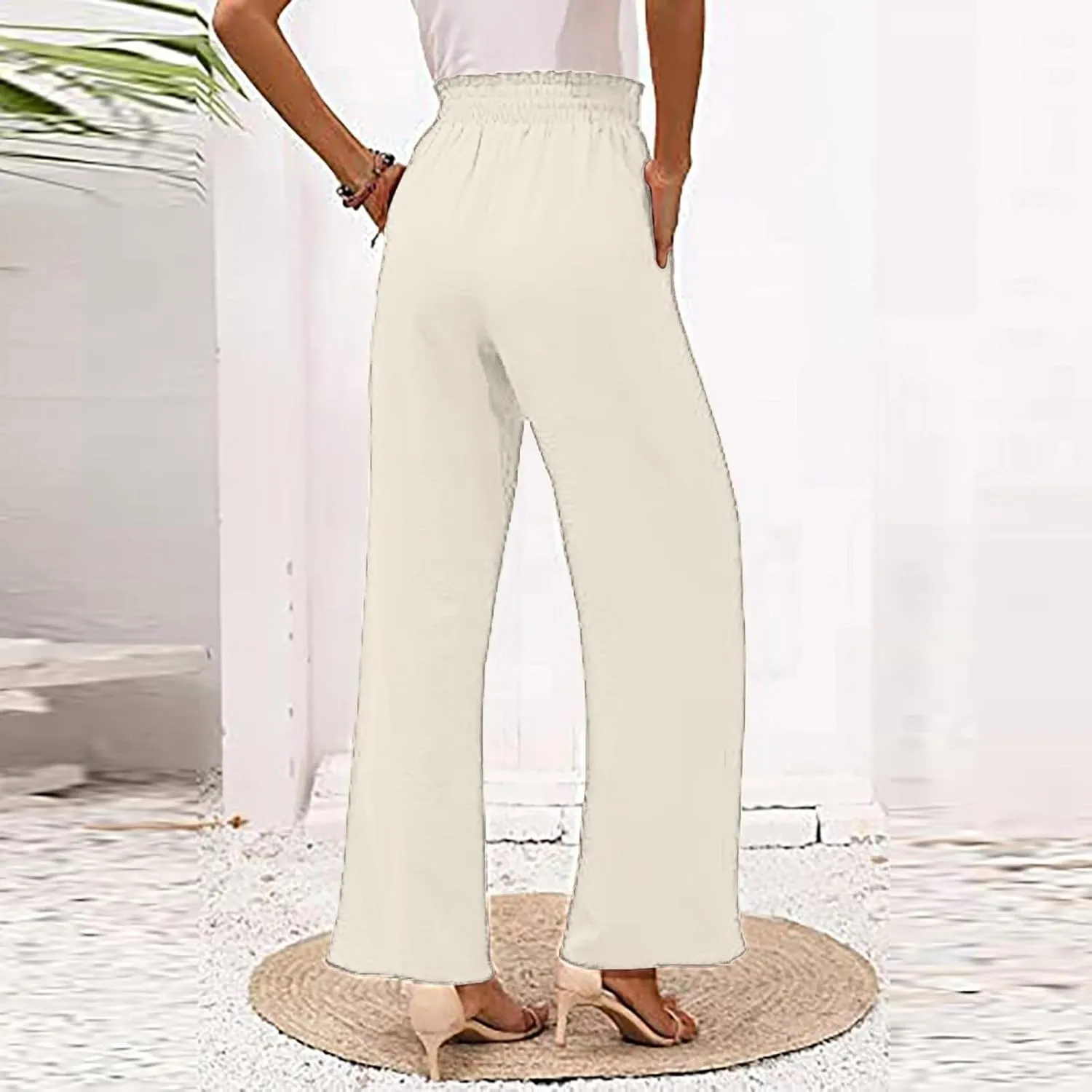 Paperbag Pants for Women Straight Wide Leg Pants Long Flowy with Pockets Comfort Flowy Trousers Womens Casual Pants