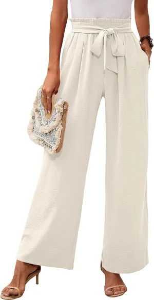 Paperbag Pants for Women Straight Wide Leg Pants Long Flowy with Pockets Comfort Flowy Trousers Womens Casual Pants