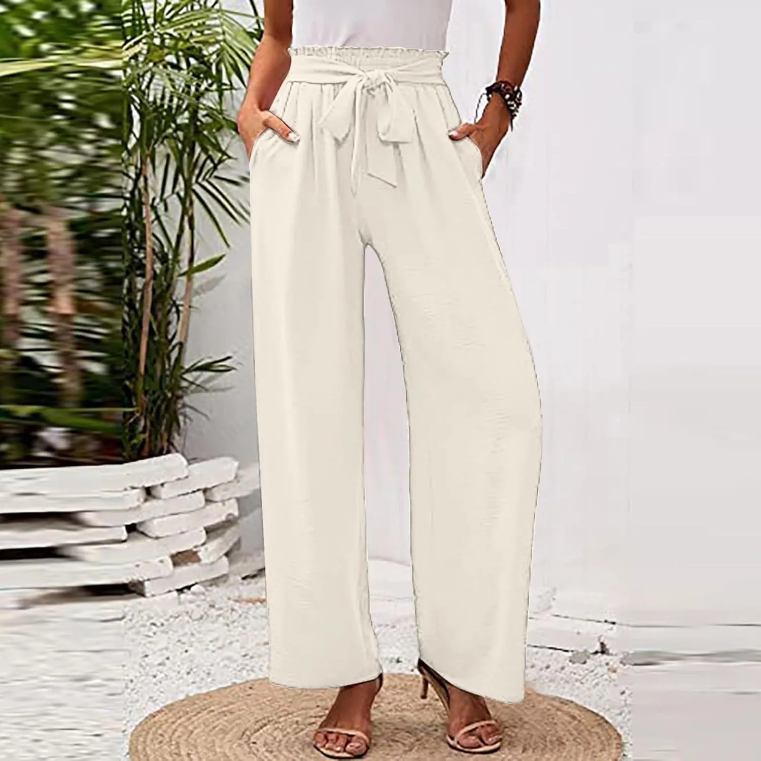 Paperbag Pants for Women Straight Wide Leg Pants Long Flowy with Pockets Comfort Flowy Trousers Womens Casual Pants