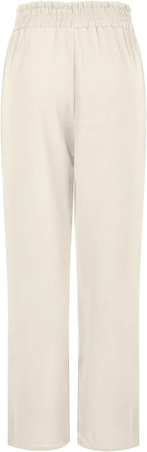 Paperbag Pants for Women Straight Wide Leg Pants Long Flowy with Pockets Comfort Flowy Trousers Womens Casual Pants