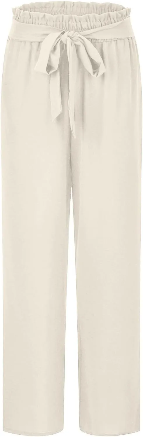 Paperbag Pants for Women Straight Wide Leg Pants Long Flowy with Pockets Comfort Flowy Trousers Womens Casual Pants