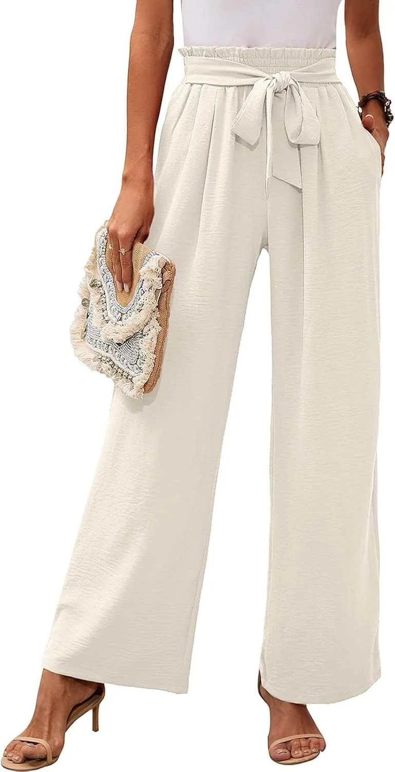 Paperbag Pants for Women Straight Wide Leg Pants Long Flowy with Pockets Comfort Flowy Trousers Womens Casual Pants