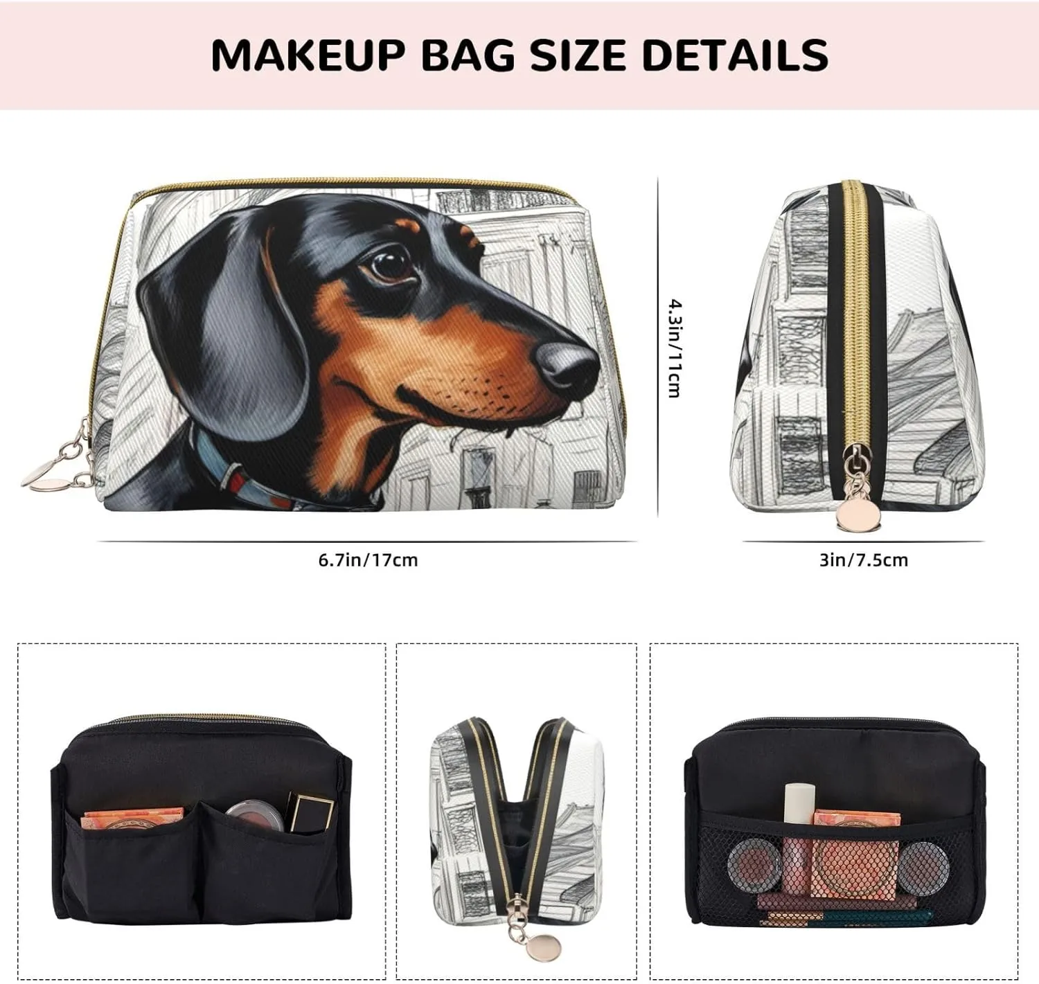 Parisian Dachshund Leather Toiletry Organizer Bag, Travel-Friendly Makeup Pouch For Women