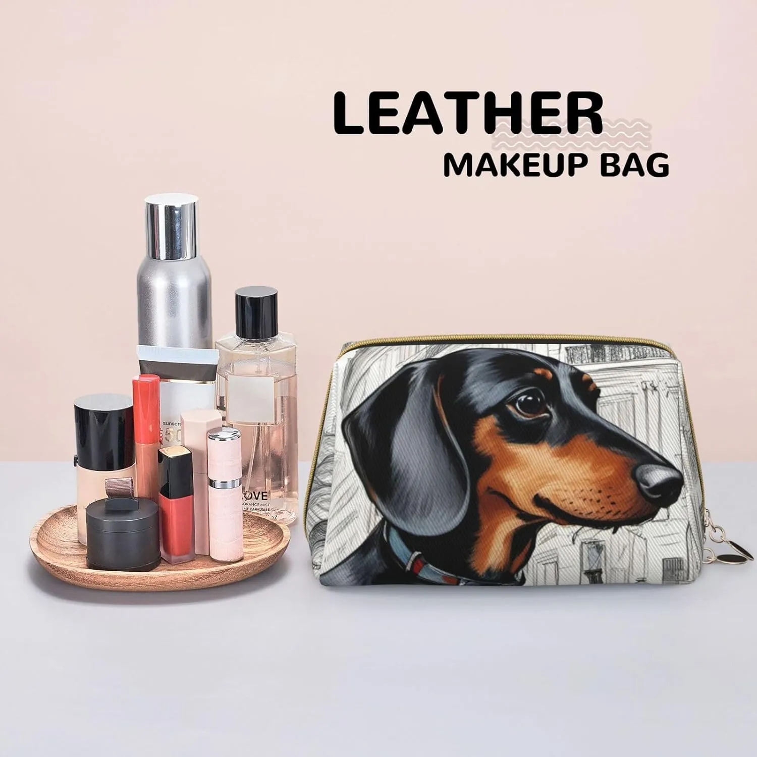Parisian Dachshund Leather Toiletry Organizer Bag, Travel-Friendly Makeup Pouch For Women