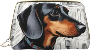 Parisian Dachshund Leather Toiletry Organizer Bag, Travel-Friendly Makeup Pouch For Women