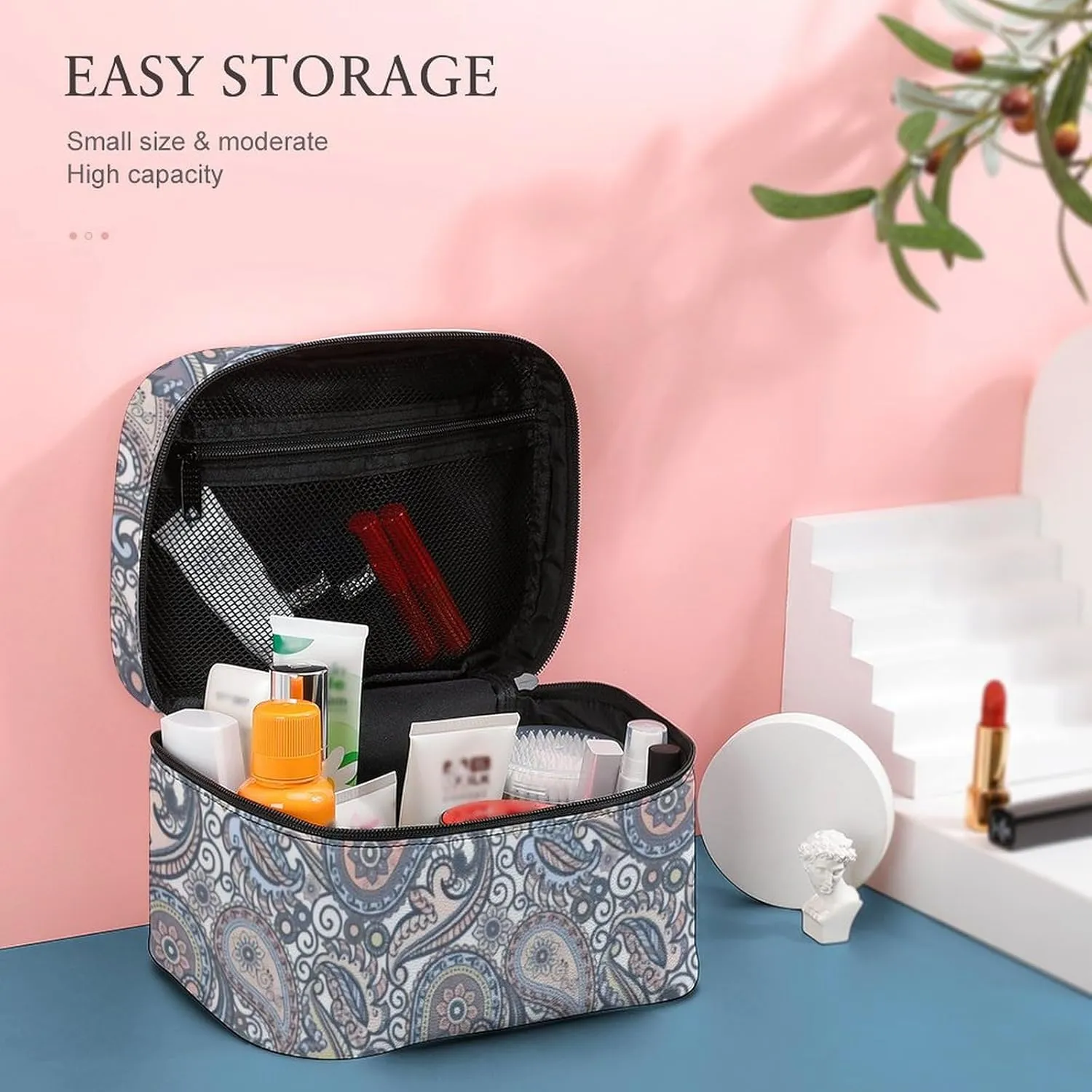 Pastel Purple Coral Pink Paisley Art Portable Large Capacity Portable Makeup Bag with Zipper
