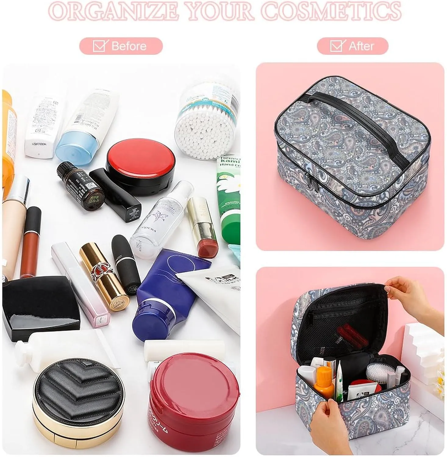 Pastel Purple Coral Pink Paisley Art Portable Large Capacity Portable Makeup Bag with Zipper
