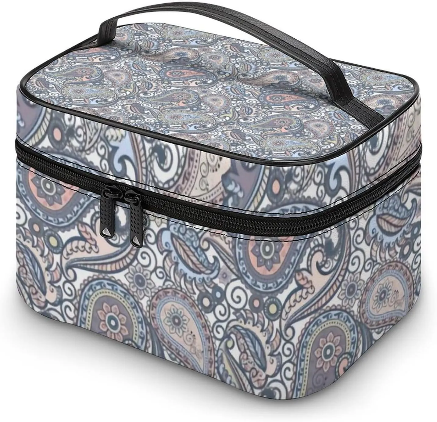 Pastel Purple Coral Pink Paisley Art Portable Large Capacity Portable Makeup Bag with Zipper