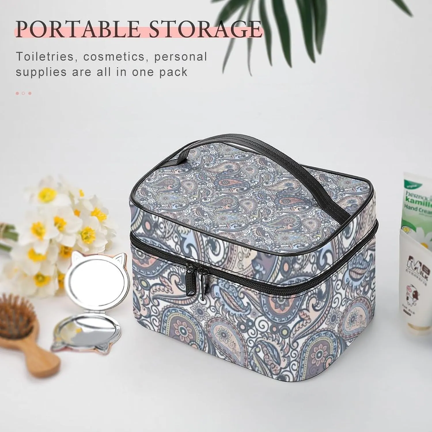 Pastel Purple Coral Pink Paisley Art Portable Large Capacity Portable Makeup Bag with Zipper