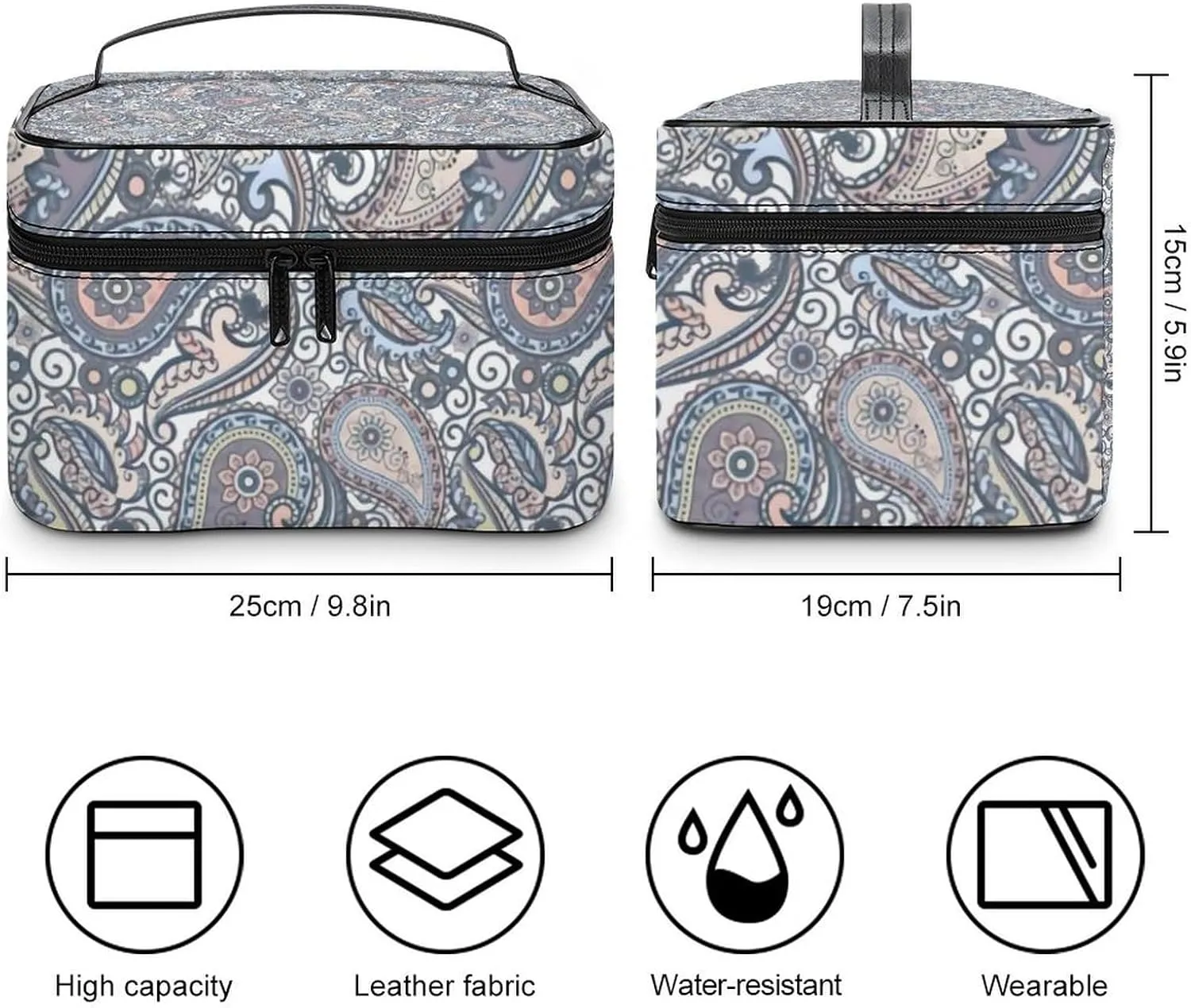 Pastel Purple Coral Pink Paisley Art Portable Large Capacity Portable Makeup Bag with Zipper