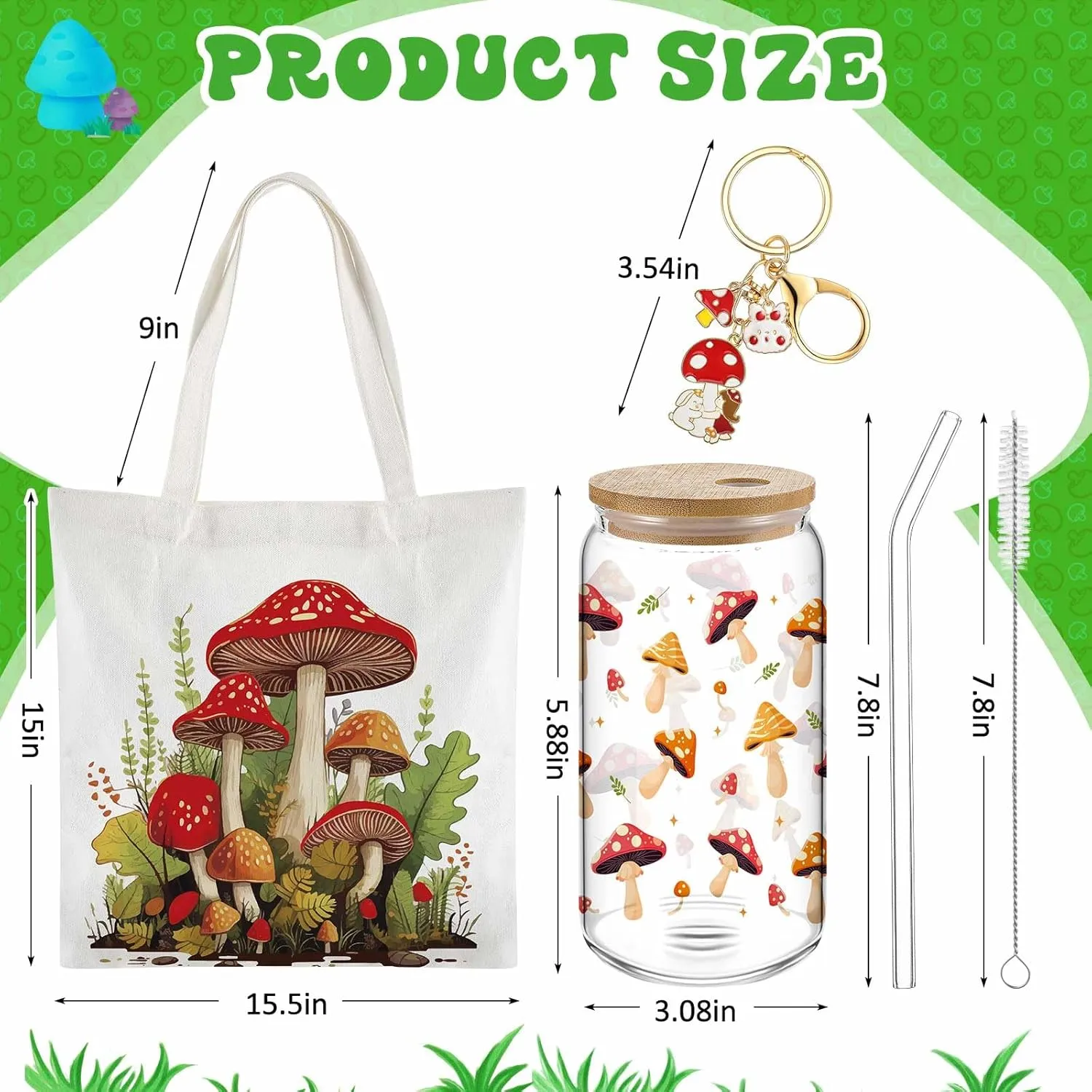 Paterr 4 Pcs Christmas Mushroom Gifts for Women Mushroom Themed Gift for Birthday with Canvas Tote Bag 16oz Glass Coffee Cup with Straw Socks Cute Keychain
