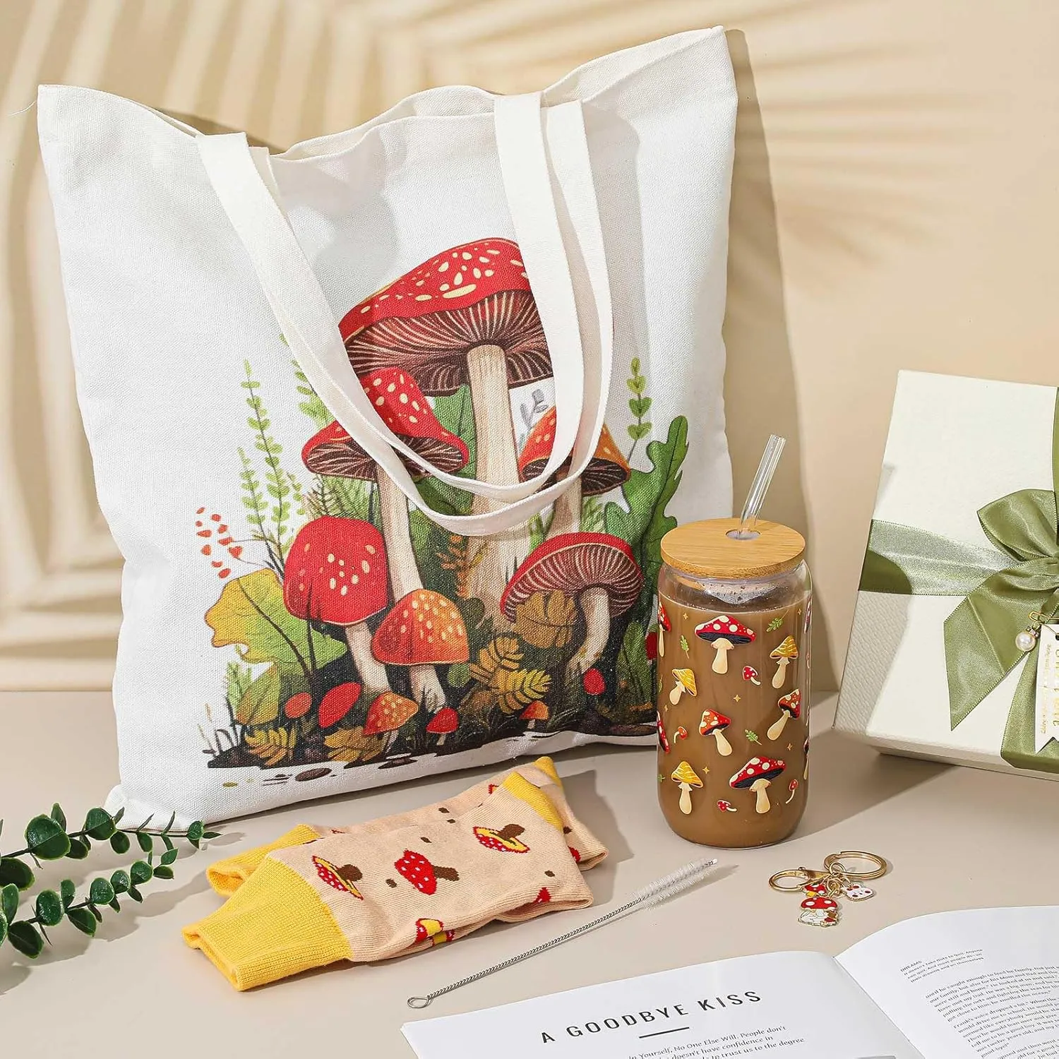 Paterr 4 Pcs Christmas Mushroom Gifts for Women Mushroom Themed Gift for Birthday with Canvas Tote Bag 16oz Glass Coffee Cup with Straw Socks Cute Keychain