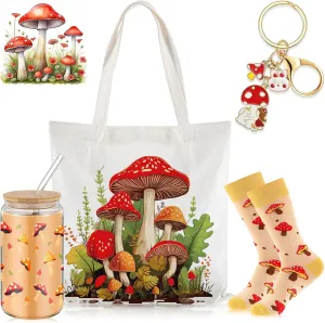 Paterr 4 Pcs Christmas Mushroom Gifts for Women Mushroom Themed Gift for Birthday with Canvas Tote Bag 16oz Glass Coffee Cup with Straw Socks Cute Keychain