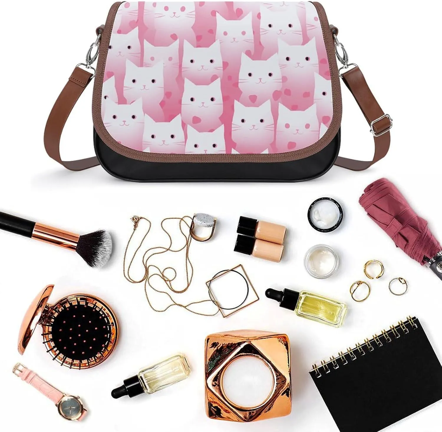 Peach Cat Pattern Crossbody Bags for Women Travel Shoulder Bag Small Leather Cross Body Handbags