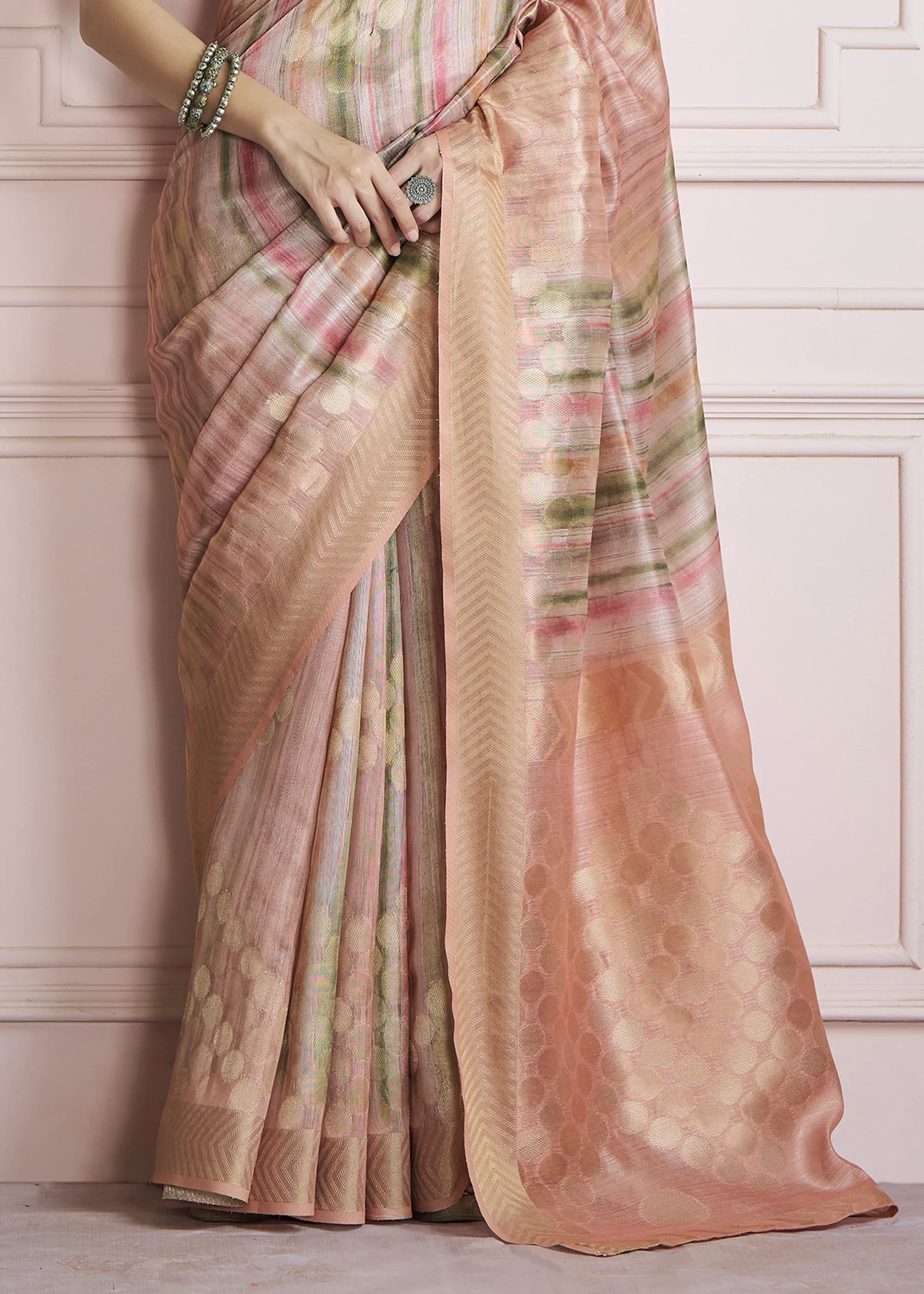 Peach Pink Woven Khadi Silk Saree With Printed Blouse