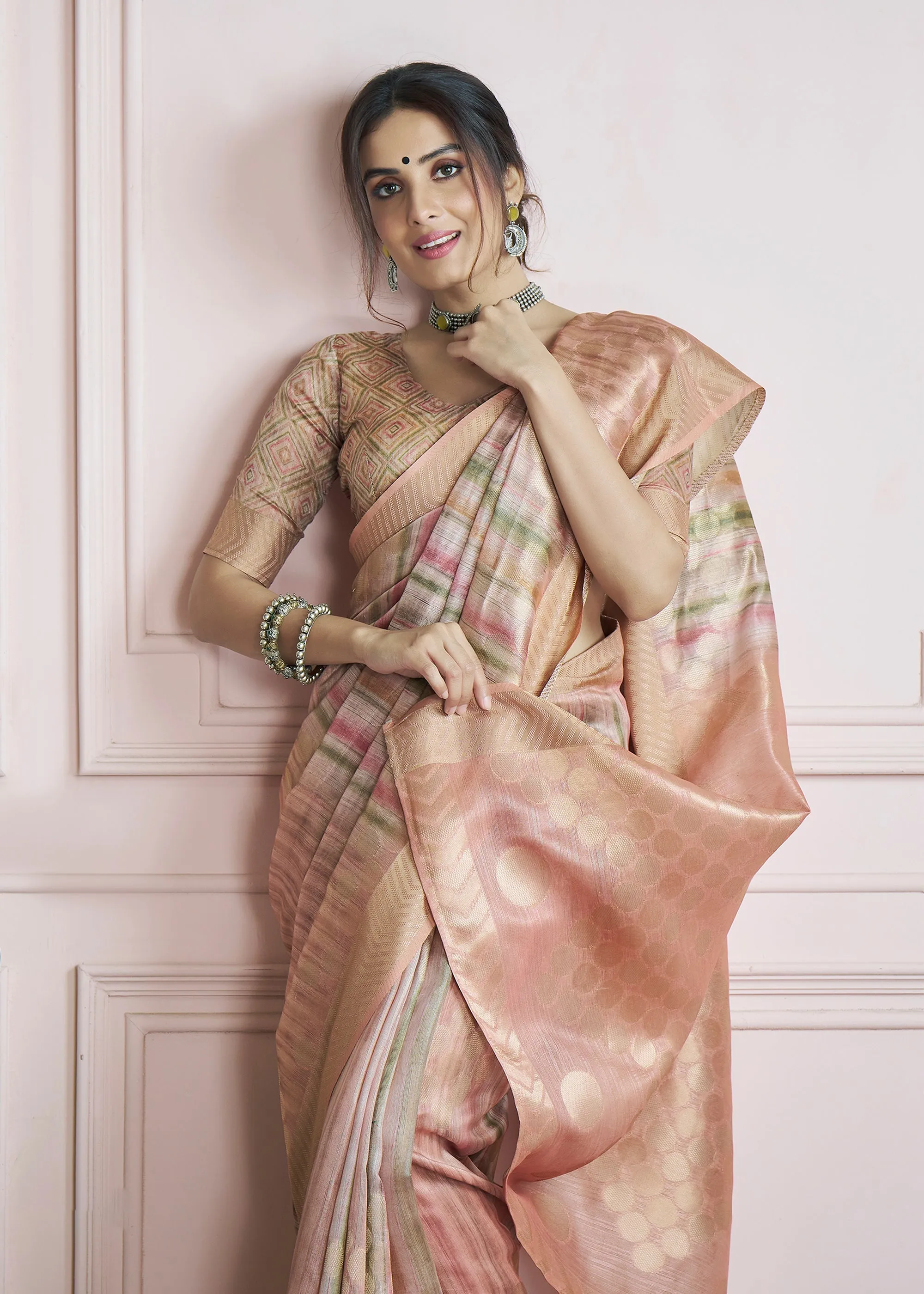 Peach Pink Woven Khadi Silk Saree With Printed Blouse
