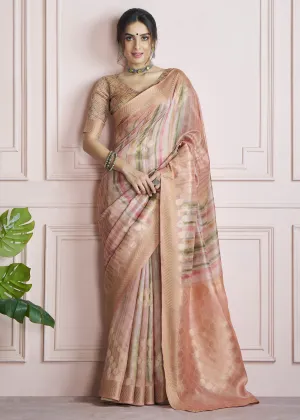 Peach Pink Woven Khadi Silk Saree With Printed Blouse