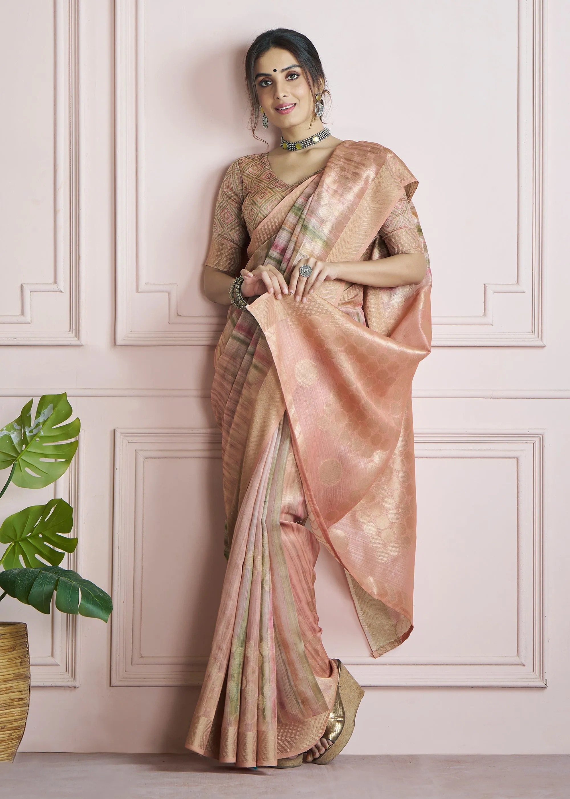 Peach Pink Woven Khadi Silk Saree With Printed Blouse