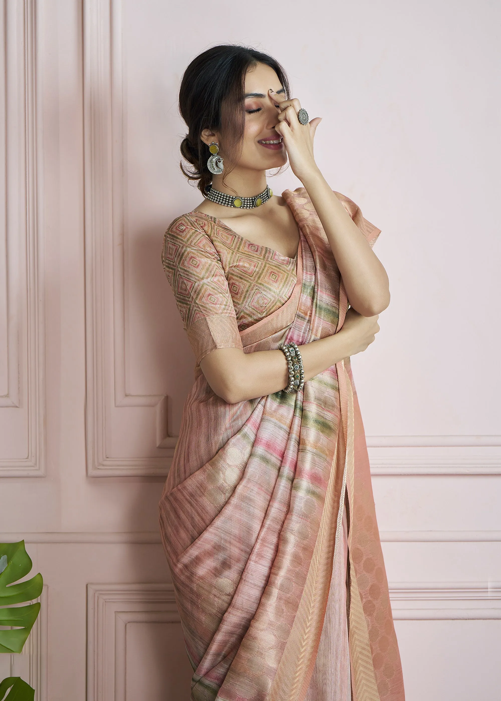 Peach Pink Woven Khadi Silk Saree With Printed Blouse