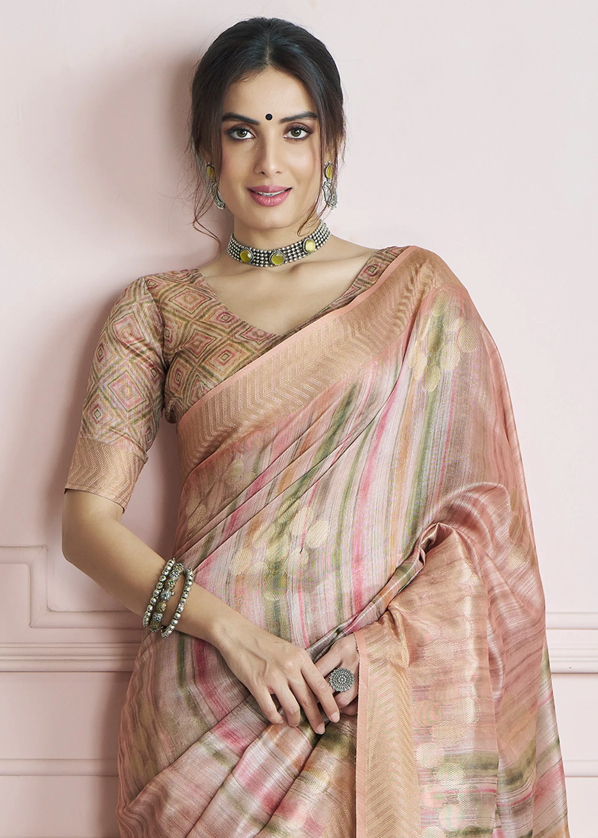 Peach Pink Woven Khadi Silk Saree With Printed Blouse