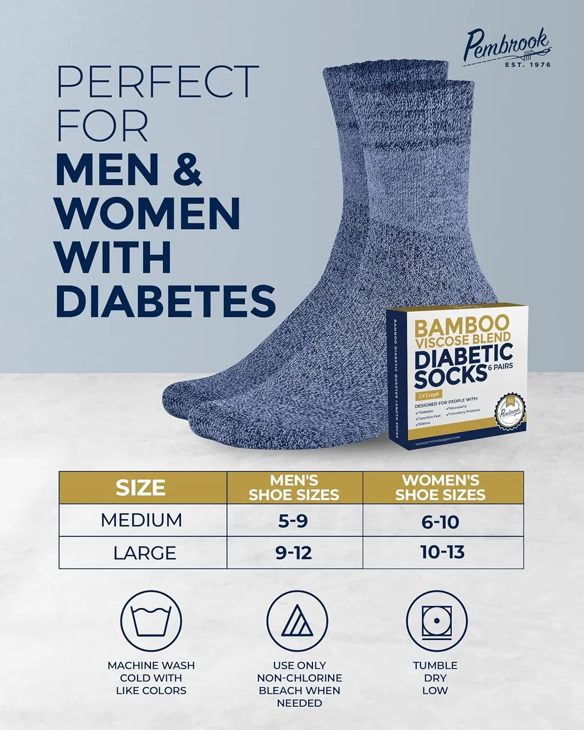 Pembrook Bamboo Viscose Diabetic Socks for Women & Men - 6 Pairs Ankle Socks for Swollen Feet | Neuropathy Socks | Mens Diabetic Socks | Black, White, Beige, Aqua, Blue, Navy