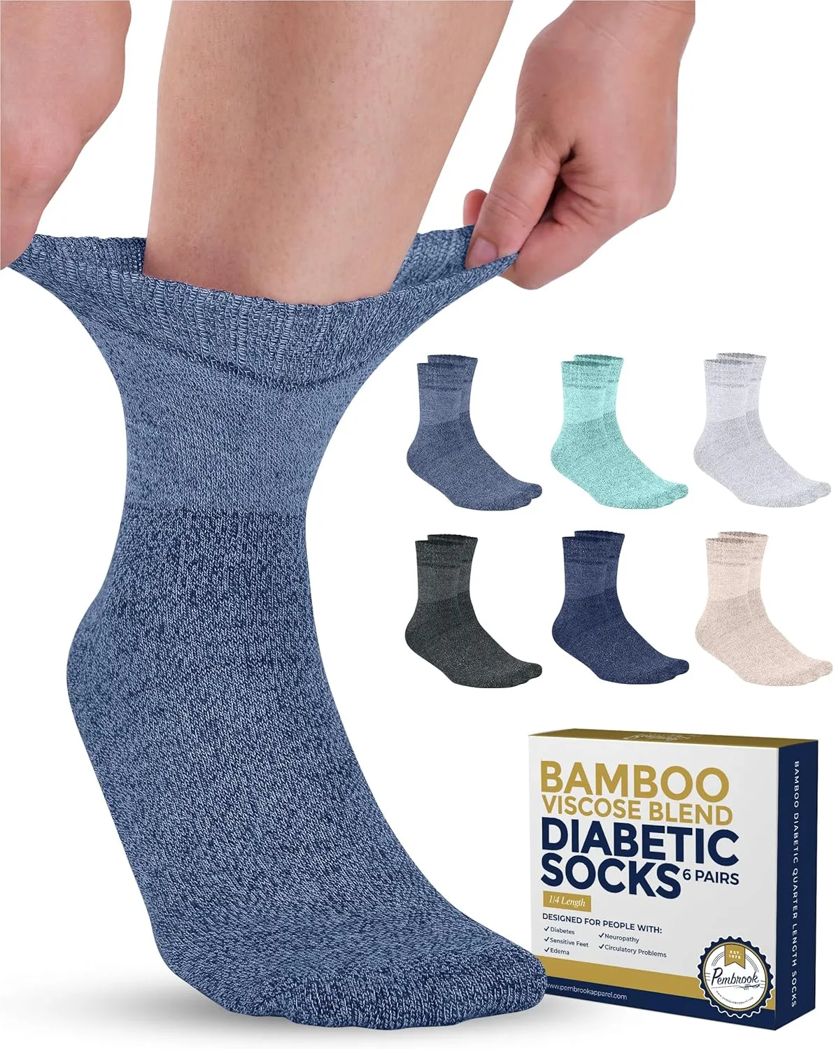 Pembrook Bamboo Viscose Diabetic Socks for Women & Men - 6 Pairs Ankle Socks for Swollen Feet | Neuropathy Socks | Mens Diabetic Socks | Black, White, Beige, Aqua, Blue, Navy