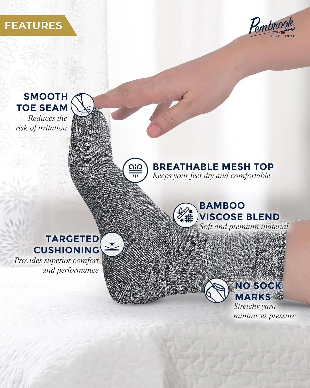 Pembrook Bamboo Viscose Diabetic Socks for Women & Men - 6 Pairs Ankle Socks for Swollen Feet | Neuropathy Socks | Mens Diabetic Socks | Black, White, Beige, Aqua, Blue, Navy