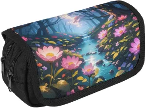 Pencil Bag Radiant Flowers And Stream Forest Pencil Pouch Large Capacity Pen Box Double Zipper Storage Bag 2 Compartments Portable Multifunctional Bag Desk Organizer Pen Case