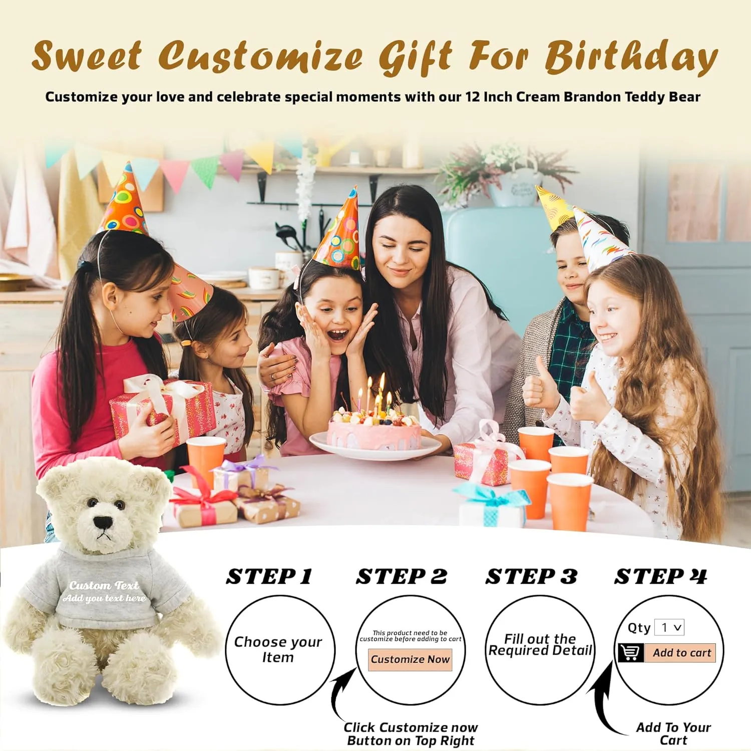 Personalized 12 Inch Cream Brandon Teddy Bear - Stuffed Animal Personalized Teddy Bears - Custom Teddy Bear Great Present for Valentine Graduation Day Birthday Mothers Day(Gray Shirt)