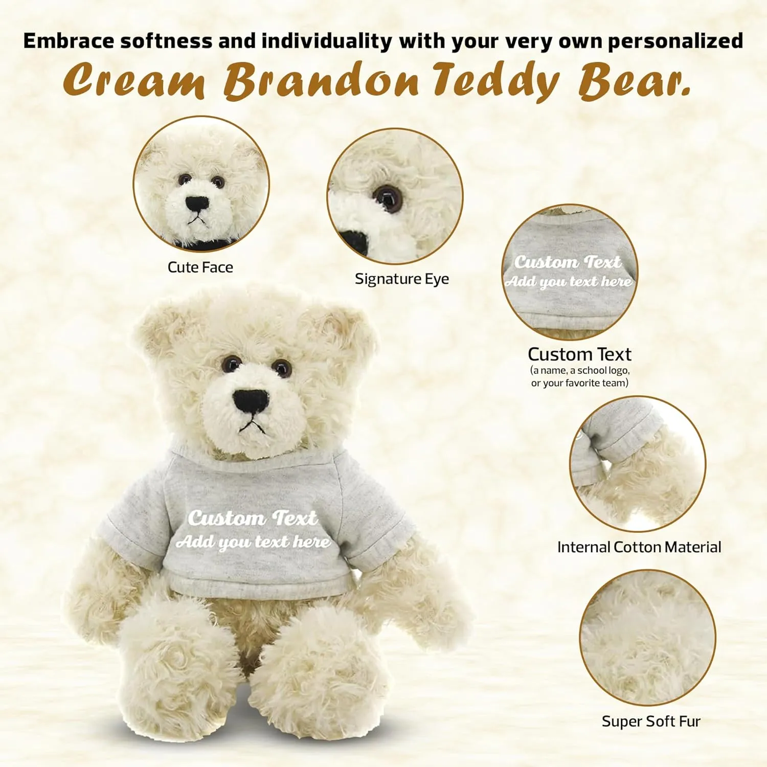 Personalized 12 Inch Cream Brandon Teddy Bear - Stuffed Animal Personalized Teddy Bears - Custom Teddy Bear Great Present for Valentine Graduation Day Birthday Mothers Day(Gray Shirt)